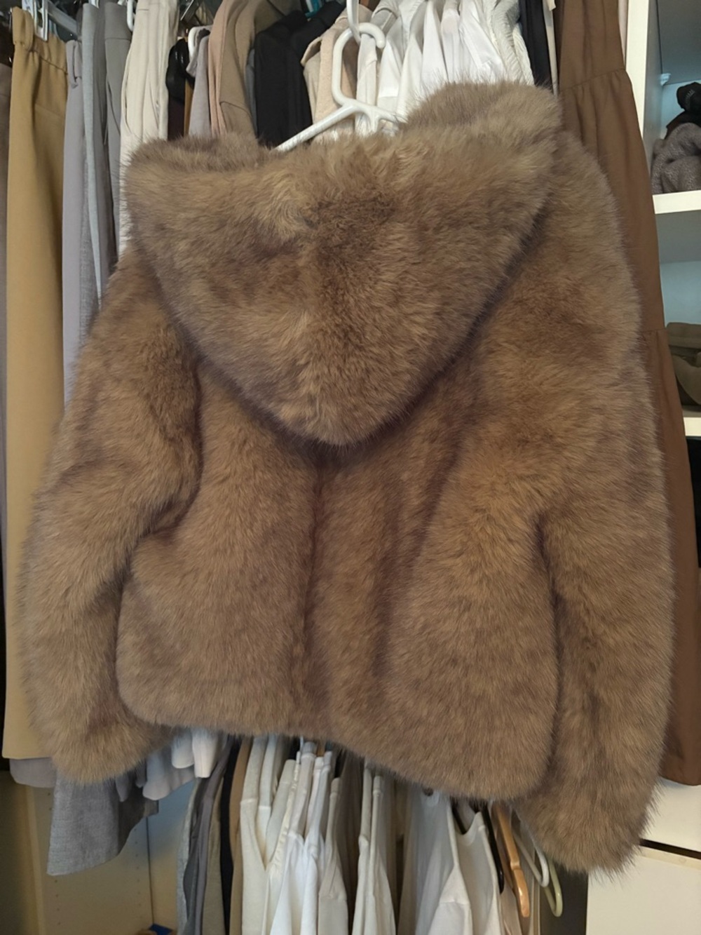 Zara Faux Fur Hooded Jacket in Tan - Picture 3 of 4